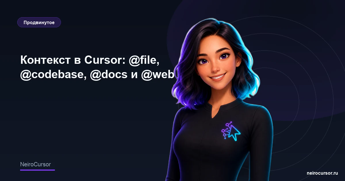 Обложка статьи «Контекст в Cursor: @file, @codebase, @docs и @web» — гайд по Cursor, категория «Продвинутое», NeiroCursor Обложка статьи «Контекст в Cursor: @file, @codebase, @docs и @web» — гайд по Cursor, категория «Продвинутое», NeiroCursor