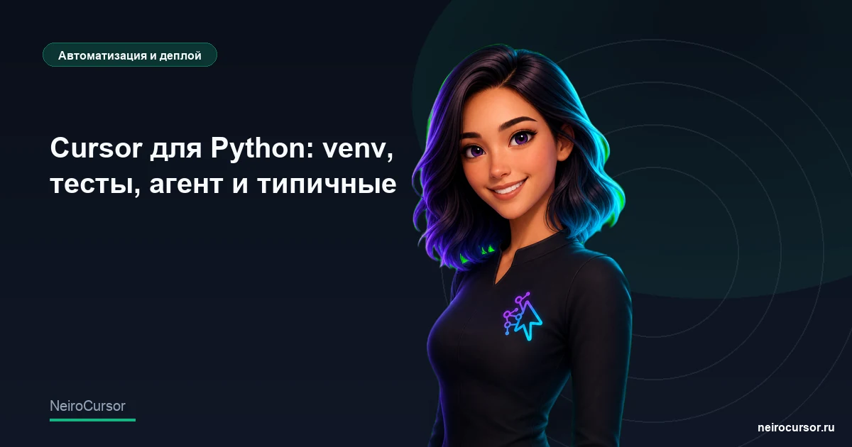 Обложка статьи «Cursor для Python: venv, тесты, агент и типичные ошибки» — гайд по Cursor, категория «Автоматизация и деплой», NeiroCursor Обложка статьи «Cursor для Python: venv, тесты, агент и типичные ошибки» — гайд по Cursor, категория «Автоматизация и деплой», NeiroCursor