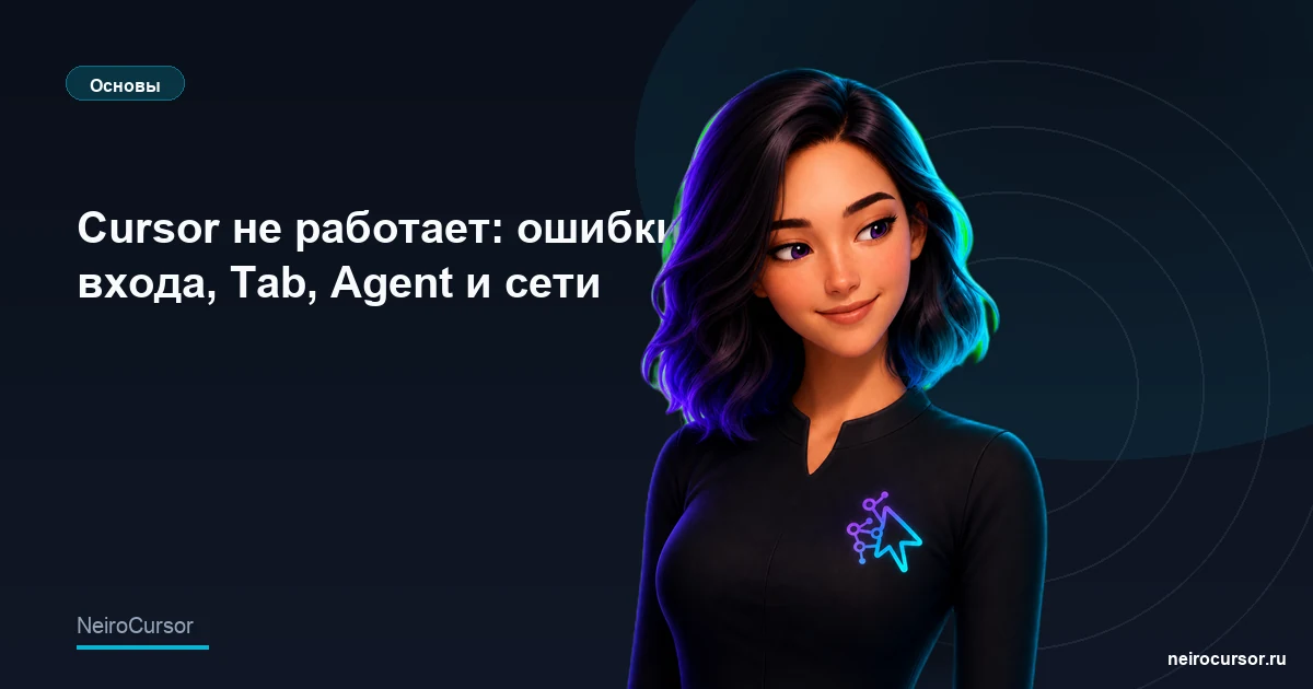Обложка статьи «Cursor не работает: ошибки входа, Tab, Agent и сети» — гайд по Cursor, категория «Основы», NeiroCursor Обложка статьи «Cursor не работает: ошибки входа, Tab, Agent и сети» — гайд по Cursor, категория «Основы», NeiroCursor