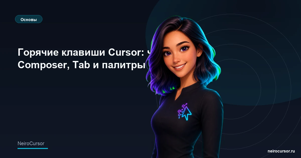 Обложка статьи «Горячие клавиши Cursor: чат, Composer, Tab и палитры» — гайд по Cursor, категория «Основы», NeiroCursor Обложка статьи «Горячие клавиши Cursor: чат, Composer, Tab и палитры» — гайд по Cursor, категория «Основы», NeiroCursor