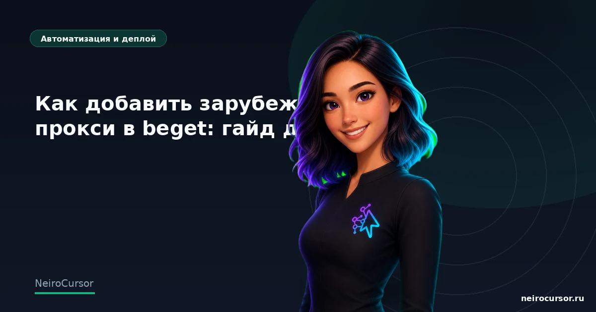 Обложка статьи «Как добавить зарубежный прокси в beget: гайд для Cursor» — гайд по Cursor, категория «Автоматизация и деплой», NeiroCursor Обложка статьи «Как добавить зарубежный прокси в beget: гайд для Cursor» — гайд по Cursor, категория «Автоматизация и деплой», NeiroCursor