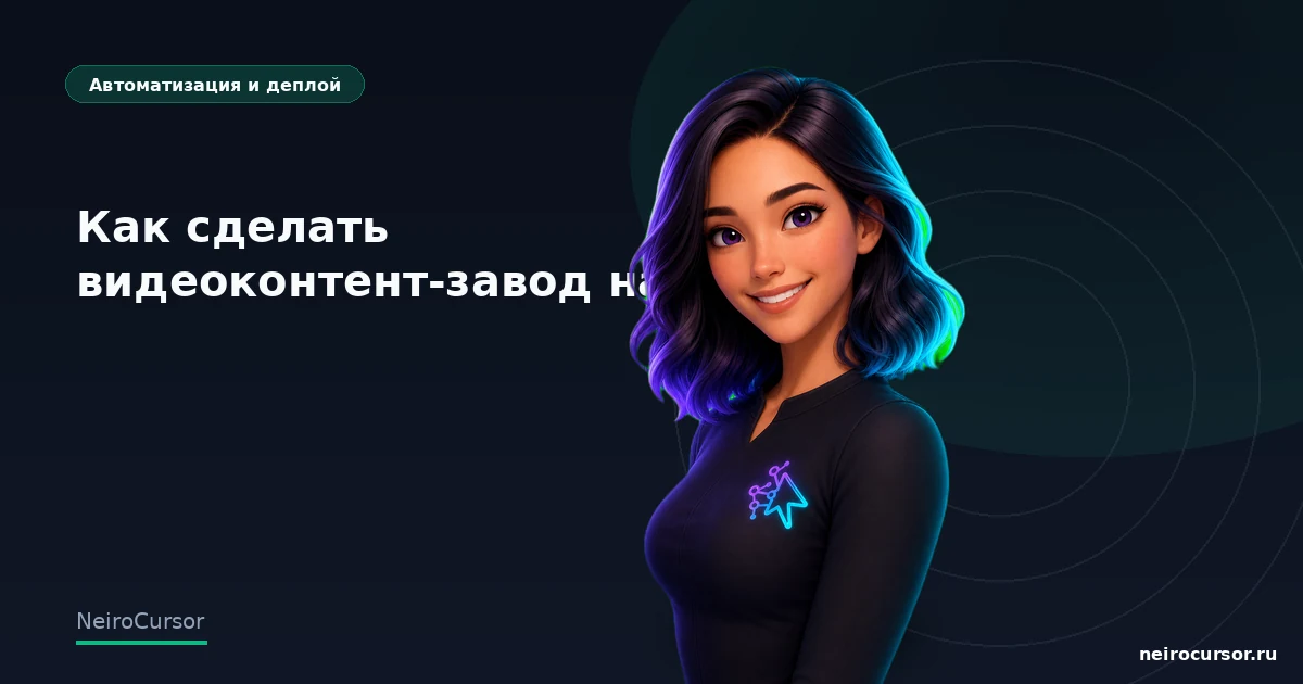 Обложка статьи «Как сделать видеоконтент-завод на ИИ: пошаговый запуск» — гайд по Cursor, категория «Автоматизация и деплой», NeiroCursor Обложка статьи «Как сделать видеоконтент-завод на ИИ: пошаговый запуск» — гайд по Cursor, категория «Автоматизация и деплой», NeiroCursor